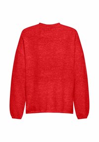 Czerwona bluza o luźnym kroju, z długimi rękawami, okrągłym dekoltem i fakturowanym, melanżowym wykończeniem. Bez widocznych logo ani ozdób.