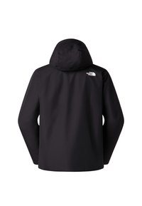 Sort hættejakke med lange ærmer, synligt logo "The North Face" på øverste højre bagside.