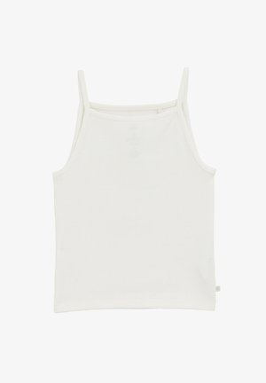 Camisola bianca a costine con spalline sottili e orlo dritto. Realizzata in tessuto leggero, presenta una fine trama.