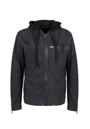 Chaqueta con capucha negra hecha de cuero suave, con cremallera frontal, bolsillos laterales y un acabado texturizado con cordones ajustables.