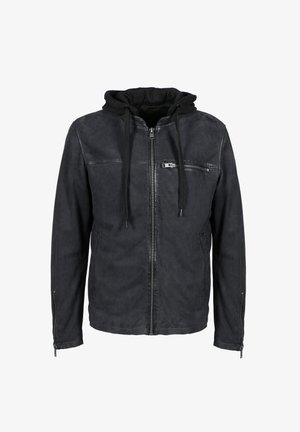 Black hooded jacket made from soft leather, featuring a front zipper, side pockets, and a textured finish with adjustable drawstrings.