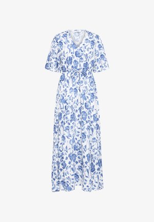 Weißes Maxikleid mit blauem Blumenmuster, kurzen Flatterärmeln, V-Ausschnitt und Taillengürtel.