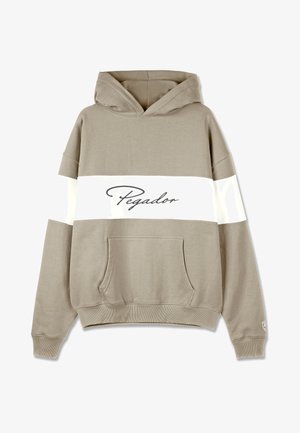 Mikina s kapucňou v svetlo béžovej farbe s bielym horizontálnym pruhom. Obsahuje logo "Pegador" v písanom štýle, predné vrecko a ryhované manžety.