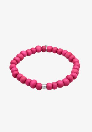 Vaaleanpunainen puuhelmirannekoru, jossa on pyöreitä helmiä eri kokoisina, ja välillä kiiltävät hopeiset korostushelmet. Pintamateriaali on yleisesti sileä.