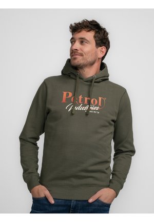 Olive green hoodie with a front pocket and drawstring hood, featuring "Petrol Industries" logo in orange and white on the chest.