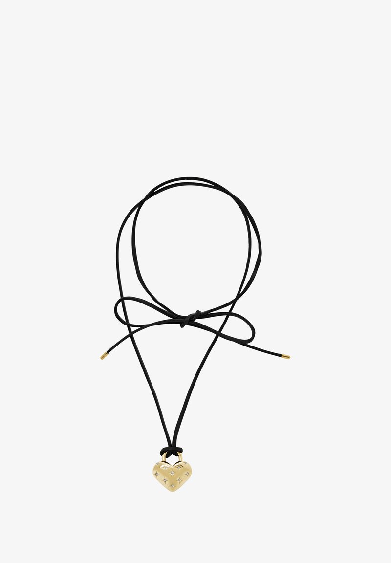 Zwarte koordketting met een gouden harthanger, met een glanzend oppervlak met sterrenpatronen en een lusvormige sluiting aan de bovenkant.