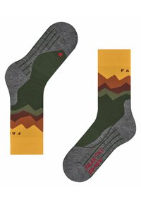 Calze di cotone con un motivo verde, giallo e marrone e un design montano. Accenti grigi e logo rosso sulla suola. Materiale misto cotone.