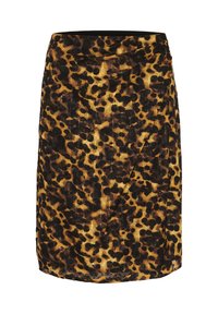 Suknja sa leopard printom u nijansama smeđe i zlatne boje. Napravljena je od teksturiranog materijala, ima prilagođeni kroj i dužinu do kolena.