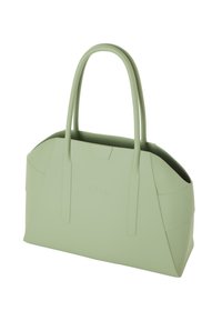 Zielona gumowa torba na ramię z dwoma uchwytami, kanciastym kształtem, gładką fakturą oraz wytłoczonym logo z przodu.