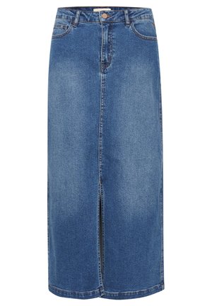 Blå denim knælængde nederdel med frontslids, bæltestropper, knaplukning og forlommer.