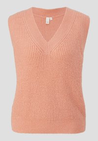 Pfirsichfarbener ärmelloser Strickpullover mit V-Ausschnitt, gerippter Textur und lockerer Passform. Hat ein Etikett mit der Größe "S" am Ausschnitt.