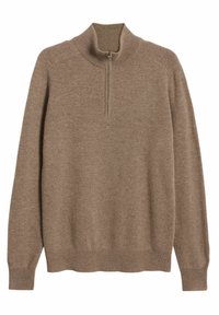 Brauner Zip-Kragen-Pullover aus weichem Strickmaterial. Verfügt über lange Ärmel, gerippte Bündchen und eine taillierte Passform mit hohem Kragen.