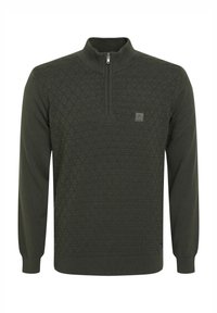 Pull-over vert foncé avec une fermeture éclair au quart, motif losange texturé, poignets côtelés et une petite étiquette logo sur la poitrine.