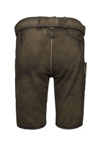 Hnědé kožené šortky s hladkým povrchem, poutky na opasek a zadní kapsou, s mírně opotřebovaným vzhledem a rovně střižené.