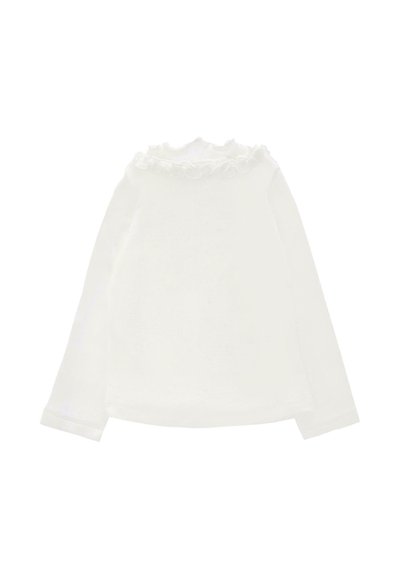 Langgekoeste witte top met een rimpelige halslijn, gemaakt van lichtgewicht stof. Heeft een effen ontwerp en een losse pasvorm zonder extra versieringen.