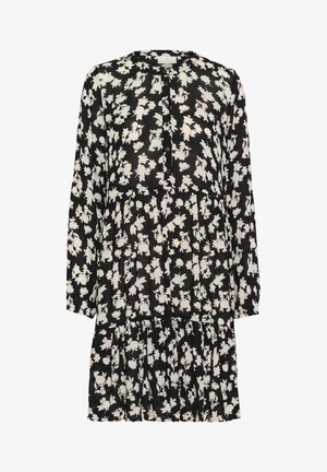 Melnas kleitas ar garām piedurknēm, kurām ir balts ziedu raksts, pogu aizdare un līmeņu volāna apakšdaļa. Izgatavota no viegla auduma.