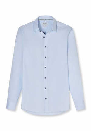 Lichtblauw herenoverhemd met lange mouwen, spreidkraag en zwarte knopen aan de voorkant, van het merk Olymp, slim fit.