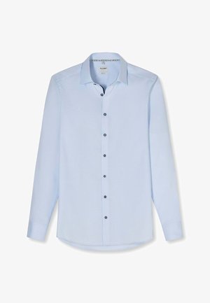 Lichtblauw herenoverhemd met lange mouwen, spreidkraag en zwarte knopen aan de voorkant, van het merk Olymp, slim fit.