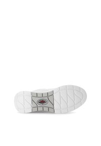 Witte sneakerzool met een gestructureerd profiel. In het midden staat het "rollingsoft" logo in rood en zwart. Schokdempende design voor comfort.