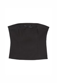 Top nero senza spalline con una texture liscia, caratterizzato da una leggera lucentezza, dettagli delle cuciture e un piccolo accento a nastro sul davanti.