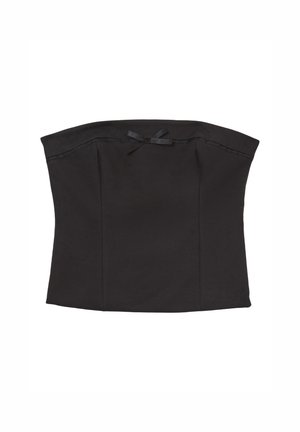 Top nero senza spalline con una texture liscia, caratterizzato da una leggera lucentezza, dettagli delle cuciture e un piccolo accento a nastro sul davanti.