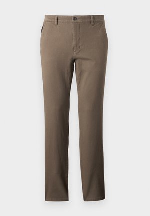Pantalon marron à jambes droites en coton avec une texture lisse, doté de poches avant et d'une fermeture à un bouton à la taille.