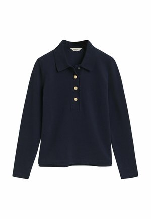 Polo a maniche lunghe blu navy con colletto e quattro bottoni dorati lungo il centro anteriore.