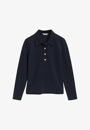 Marineblaues Langarm-Polohemd mit Kragen und vier goldenen Knöpfen in der Mitte der Vorderseite.
