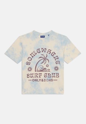 Bavlnené tričko so svetlomodrým a krémovým tie-dye vzorom, okrúhlym výstrihom, krátkymi rukávmi a grafikou paliem a vĺn.