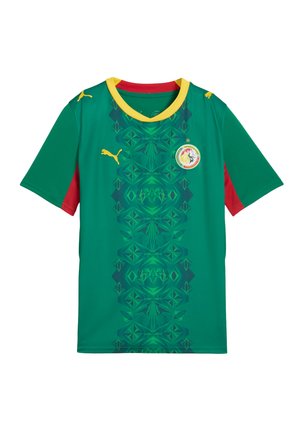 Camiseta de fútbol verde con cuello amarillo, paneles rojos en las mangas, patrón geométrico vertical, logotipos de Puma y escudo del equipo nacional de Senegal con una estrella.