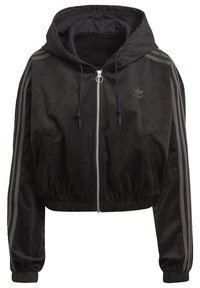 Svart kordflossad kortad Adidas-hoodie med fullständig frontdragkedja, dragsko i huvan, sidofickor och de signaturtre sträckorna på ärmarna.