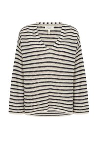 V-hals stribet pullover med en struktureret strik i creme og marineblå, med trekvartærmer og en buet kant.