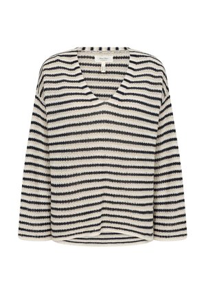 V-neck striped pullover featuring a textured knit in cream and navy blue, with three-quarter sleeves and a curved hemline.