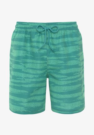 Turquoise swim shorts with a drawstring waist, featuring a textured striped pattern in varying shades of green. Made from lightweight fabric.