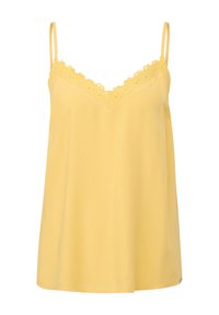 Haut caraco jaune sans manches avec fines bretelles et bordure en dentelle le long de l'encolure en V sur fond blanc.