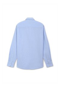 Camicia blu a maniche lunghe con motivo a righe, polsini con bottone e colletto. Tessuto morbido e vestibilità comoda. La vista posteriore mostra una finitura liscia.