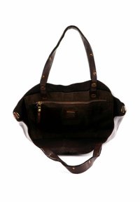 Borsa tote in pelle marrone con finitura texture, apertura superiore e manici robusti. L'interno presenta una tasca con zip e diversi scompartimenti.
