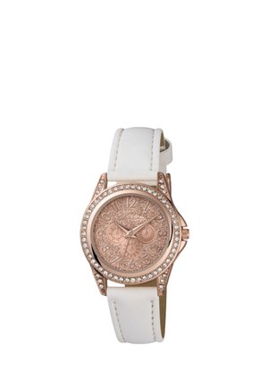 Orologio da polso da donna con cinturino in pelle bianca, quadrante glitter oro rosa, tre sottoquadranti e lunetta decorata con cristalli trasparenti.
