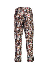 Multikleurige pyjamabroek met een feestelijk patroon van cartoonrendieren op een donkere, besneeuwde achtergrond. Elastische tailleband, rechte snit.