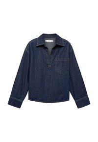 Chemise en denim bleu foncé avec un col, un décolleté à patte, des manches longues et une poche poitrine. Elle présente des coutures visibles et un design décontracté.