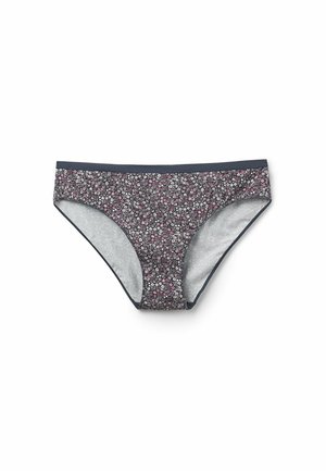 Sous-vêtement féminin style bikini avec un motif floral foncé comportant de petites fleurs blanches et roses ainsi qu'une ceinture et des ouvertures de jambes bordées de foncé.