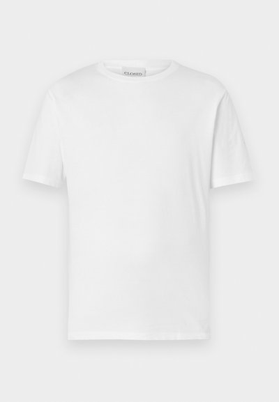 White short-sleeve t-shirt made of cotton. Features a round neckline and straight hem. No patterns or embellishments. Simple design.
