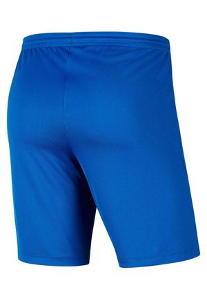 Pantalones cortos deportivos azules con una textura suave y elástica. Cintura elástica con costuras decorativas y sin bolsillos visibles.