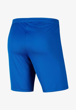 Shorts de sport bleus avec une texture lisse et extensible. Ceinture élastique avec des détails cousus et sans poches visibles.