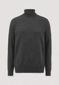 Dunkelgrauer Rollkragenpullover aus einem weichen Strickmaterial, mit einer taillierten Passform und gerippten Bündchen und Kragen, ohne Muster.