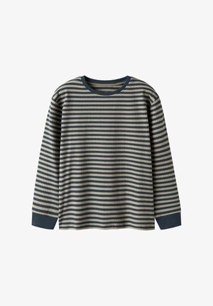 Chemise à manches longues en maille côtelée avec des rayures horizontales bleu marine et beige, ainsi que des poignets et un col bleu marine.