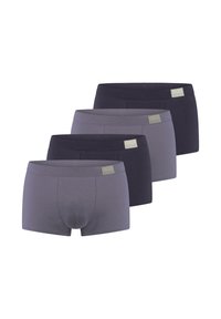 Quattro paia di boxer da uomo in colori grigio scuro e nero che si alternano, impilati diagonalmente con etichette del marchio sui cinturini.