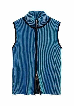 Sleeveless vest in blue and turquoise ribbed fabric with a high collar, featuring a front zipper and black trim along the edges.