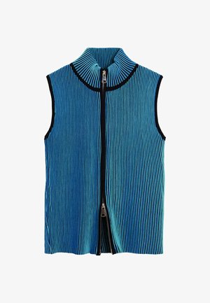 Sleeveless vest in blue and turquoise ribbed fabric with a high collar, featuring a front zipper and black trim along the edges.