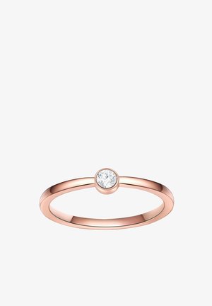 Anello in oro rosa con una fascia sottile, caratterizzato da un unico diamante tondo incastonato in una montatura minimale. Finitura liscia e lucida con una sottile lucentezza.